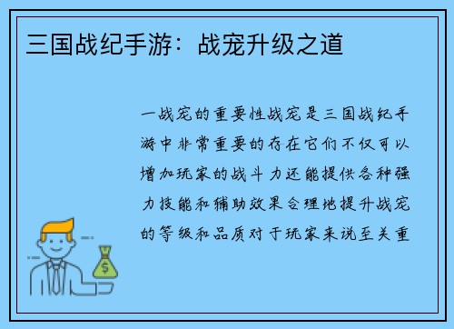 三国战纪手游：战宠升级之道